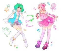  1boy ahoge alternate_color boots braid cosplay costume_switch crossdressing crown_braid elbow_gloves female gloves green_hair kimidori_(kimidoriri) king_of_prism king_of_prism_by_prettyrhythm macross macross_frontier microphone one_side_up otoko_no_ko pink_eyes pink_hair pretty_rhythm pretty_series puffy_short_sleeves puffy_shorts puffy_sleeves ranka_lee ranka_lee_(cosplay) red_eyes saionji_leo short_hair short_sleeves shorts thighhighs 