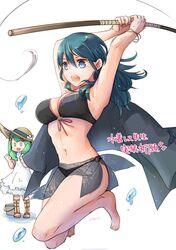  2girls arms_up barefoot bikini black_bikini blue_eyes blue_hair bracelet breasts bucket byleth_(female)_(fire_emblem) byleth_(fire_emblem) cleavage commentary_request dress fire_emblem fire_emblem:_three_houses fishing_rod flayn_(fire_emblem) green_eyes green_hair hair_ornament hat holding holding_fishing_rod jewelry large_breasts long_hair multiple_girls open_mouth robaco sarong simple_background straw_hat sundress swimsuit white_background white_dress 