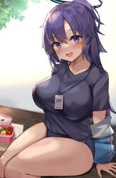  :d absurdres blue_archive blue_buruma blue_jacket blue_shirt blush breasts buruma commentary_request female gym_uniform halo highres jacket kihou_no_gotoku_dmc lanyard large_breasts long_hair looking_at_viewer lunchbox off_shoulder official_alternate_costume open_clothes open_jacket open_mouth purple_hair shirt short_sleeves sidelocks sitting smile solo star_sticker sticker_on_face sweat taut_clothes taut_shirt thick_thighs thighs track_jacket yuuka_(blue_archive) yuuka_(track)_(blue_archive) 