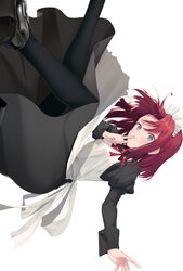  apron bad_id bad_twitter_id black_footwear black_pantyhose blue_eyes blush dress eyebrows falling female finger_to_mouth floating floating_hair highres hisui_(tsukihime) long_dress looking_at_viewer maid maid_apron maid_headdress pantyhose red_hair shoes short_hair shushing sidelocks simple_background solo soya_(torga) tsukihime white_background wrist_cuffs 