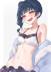  :d bare_shoulders bikini blue_hair blunt_bangs blush bow bow_bikini breasts collarbone commentary_request female frilled_bikini frills fur_trim grey_background hair_bun half-closed_eyes highres long_hair looking_at_viewer love_live! love_live!_sunshine!! nasuno_(nasuno42) navel off_shoulder open_mouth red_eyes simple_background single_hair_bun single_side_bun small_breasts smile solo stomach swimsuit teeth tsushima_yoshiko upper_body upper_teeth_only white_bikini 