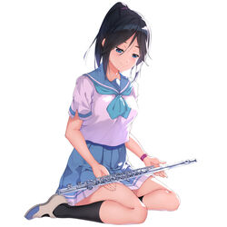  black_hair black_socks blue_eyes blue_neckerchief blue_sailor_collar blue_skirt blush closed_mouth female flute hibike!_euphonium holding holding_instrument instrument kasaki_nozomi kitauji_high_school_uniform kurenaiz_(kureniz) liz_to_aoi_tori long_hair looking_down neckerchief pleated_skirt ponytail sailor_collar school_uniform seiza serafuku shirt shoes short_sleeves simple_background sitting skirt smile socks solo uniform uwabaki white_background white_shirt 