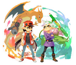  2016 ambiguous_gender animal_humanoid blaster_(splatoon) blue_(pokemon) boots callie_(splatoon) cephalopod cephalopod_humanoid charizard clothing cosplay crossover crossover_cosplay ear_piercing ear_ring eye_contact female fire footwear generation_1_pokemon group gun handgun hat headgear headwear humanoid humanoid_pointy_ears inkling looking_at_another marie_(splatoon) marine marine_humanoid markings membrane_(anatomy) membranous_wings mole_(marking) mollusk mollusk_humanoid nintendo piercing pokemon pokemon_(species) pseudo_hair ranged_weapon red_(pokemon) ring_piercing shoes splat_charger splatoon stupjam suction_cup tentacle tentacle_hair venusaur weapon wings 