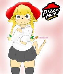  anthro black_clothing black_legwear black_stockings blonde_hair canid canine clothing company company_name female female_anthro food freckles hair hat headgear headwear kemono legwear mammal mochagato pizza pizza_hut sawavhs sawavhs_(artist) solo stockings thigh_highs watermark 