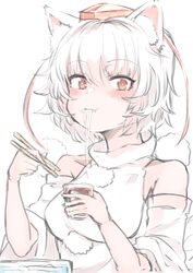  animal_ears blush chopsticks cup eating female food glass hat highres holding holding_chopsticks holding_cup inubashiri_momiji looking_at_viewer noodles red_eyes short_hair solo soumen tokin_hat touhou upper_body white_hair wolf_ears yoyoiro_(sysi20) 