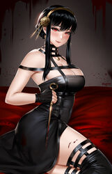  bare_shoulders black_dress black_gloves black_hair blood blush breasts cleavage commentary dress easonx female fingerless_gloves gloves gold_hairband hairband highres holding holding_weapon jewelry large_breasts long_hair looking_at_viewer red_eyes sidelocks solo spy_x_family symbol-only_commentary thighs weapon yor_briar 