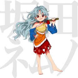  bare_legs barefoot blue_sleeves bow cleaver collarbone commentary_request contrapposto detached_sleeves dress female frilled_dress frills full_body grey_hair hand_on_own_hip harukawa_moe_(style) highres keiki8296 long_hair messy_hair multicolored_clothes multicolored_dress orange_dress red_bow red_dress red_eyes sakata_nemuno single_strap solo toenails touhou very_long_hair yellow_dress 