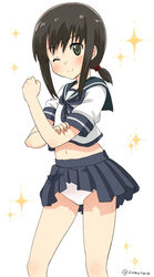  black_eyes black_hair blue_sailor_collar blue_skirt bras_d&#039;honneur feet_out_of_frame female fubuki_(kancolle) kantai_collection kujira_naoto medium_hair one_eye_closed panties pleated_skirt ponytail raised_fist sailor_collar school_uniform serafuku short_ponytail sidelocks skirt solo sparkle_background standing twitter_username underwear white_background white_panties 