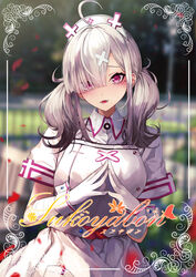  :d ahoge apron bandaged_arm bandages blurry blurry_background blush breasts collared_dress commentary_request day depth_of_field dress eyebrows_hidden_by_hair eyes_visible_through_hair fangs female gloves grey_hair hair_ornament hair_over_one_eye hat head_tilt konkito looking_at_viewer medium_breasts nijisanji nurse nurse_cap outdoors petals purple_eyes railing short_sleeves smile solo steepled_fingers sukoya_kana twintails virtual_youtuber white_apron white_dress white_gloves white_hat x_hair_ornament 