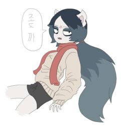  2018 alternate_costume anthro cartoon_hangover claire_(the_summoning) clothing dialogue felid feline female hair korean_text mammal neamo ponytail scarf solo sweater text the_summoning topwear 