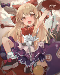  :d absurdres arm_up bare_shoulders blurry blush bottle bow bowtie brown_eyes brown_hair center_frills chains commentary_request cup depth_of_field drunk eyebrows_hidden_by_hair female footwear_bow frills highres horn_bow horn_ornament horns ibuki_suika kani_nyan knee_up long_hair looking_at_viewer nose_blush oerba_yun_fang oni_horns purple_bow purple_skirt red_bow red_bowtie sakazuki shirt sidelocks skin_fang skirt smile solo sweat touhou very_long_hair white_shirt 