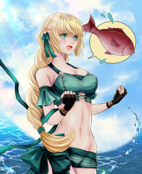  :d bare_shoulders bikini black_gloves blonde_hair blue_sky blush_stickers breasts cloud commentary_request cowboy_shot day female fingerless_gloves fire_emblem fire_emblem:_three_houses fire_emblem_heroes fish flower gloves green_bikini green_eyes green_ribbons groin hair_flower hair_ornament hair_ribbon ingrid_brandl_galatea ingrid_brandl_galatea_(summer) long_hair medium_breasts navel off-shoulder_bikini off_shoulder open_mouth outdoors partial_commentary ribbon sky smile solo standing stomach swimsuit ura_komaru water 