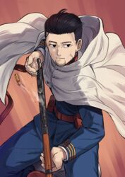  1boy arisaka black_eyes black_hair bolt_action cape facial_hair golden_kamuy gun hair_slicked_back hair_strand holding holding_gun holding_weapon hood hooded_cape imperial_japanese_army kamille_(vcx68) male_focus military military_uniform ogata_hyakunosuke rifle scar scar_on_cheek scar_on_face shell_casing short_hair smoke solo uniform weapon white_cape 