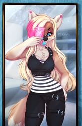  2020 5_fingers alternative_fashion anthro blue_eyes breasts brown_body brown_fur canid canine canis clothed clothing digital_media_(artwork) ei-ka eyebrows eyelashes female fingers fur hi_res mammal scene_(fashion) scene_haircut smile solo wide_hips wolf 