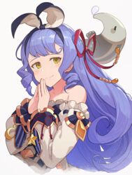  bare_shoulders blush breasts collarbone commentary_request dress drill_hair female granblue_fantasy hair_ribbon hairband hinami_(hinatamizu) light_purple_hair long_hair looking_at_viewer phoebe_(granblue_fantasy) ribbon ringlets simple_background smile solo steepled_fingers tapir upper_body very_long_hair white_background yellow_eyes 