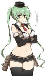  :o bad_id bad_twitter_id belt black_gloves black_thighhighs blush breasts cleavage commentary cowboy_shot crop_top crossed_arms elbow_gloves female girls&#039;_frontline gloves green_eyes green_hair groin hat hip_bones holster long_hair looking_at_viewer micro_uzi_(girls&#039;_frontline) midriff murakami_meishi navel necktie red_necktie short_shorts shorts simple_background sleeveless solo standing sweat sweatdrop thighhighs translated twintails very_long_hair white_background 