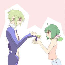  ahoge ai-kun alternate_costume bare_arms bare_shoulders blonde_hair bodysuit breasts brera_sterne brother_and_sister chibi commentary_request dual_persona earrings female from_side green_hair jewelry macross macross_frontier midriff mini_person miniboy open_mouth ranka_lee red_eyes short_hair siblings skin_tight small_breasts tank_top tori_(fbreran) 