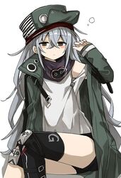  black_shorts blush brown_eyes closed_mouth commentary_request female g11_(girls&#039;_frontline) girls&#039;_frontline green_jacket hat jacket knee_pads long_hair long_sleeves looking_at_viewer messy_hair murakami_meishi off_shoulder open_clothes open_jacket scarf scarf_on_head shirt shorts simple_background sleepy solo white_background 