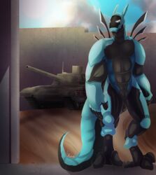  2019 absurd_res android anthro armor desert dragon hi_res looking_at_viewer machine male mecha military mythological_creature mythological_scalie mythology naahva outside robot scalie solo synth_(vader-san) t-14_armata_(tank) tail tank vehicle 