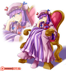  &gt;:( artist_name bangs blue_bow blue_ribbon blunt_bangs bow chair commentary crescent crescent_moon_pin english_commentary female frown full_body hairbow hand_on_own_cheek hat hat_ribbon long_hair looking_at_viewer mgx0 mob_cap patchouli_knowledge patreon_logo patreon_username purple_eyes purple_hair red_bow red_ribbon ribbon shadow simple_background sitting solo touhou very_long_hair watermark white_background wide_sleeves zoom_layer 