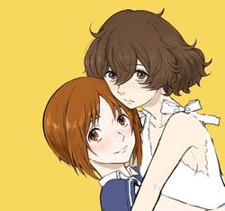  2girls akiyama_yukari banira_(oocooocooocoo) bare_shoulders blush brown_eyes brown_hair commentary_request dress girls_und_panzer hug light_frown looking_at_viewer messy_hair multiple_girls nishizumi_miho resized short_hair short_sleeves simple_background smile upscaled white_dress 