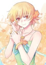  blonde_hair bracelet cagalli_yula_athha collarbone commentary_request dress female flower green_dress gundam gundam_seed gundam_seed_destiny hair_between_eyes hair_flower hair_ornament highres jewelry looking_at_viewer necklace orange_eyes orange_flower petals short_hair sleeveless sleeveless_dress smile solo striped_clothes striped_dress twitter_username upper_body white_background yuuka_seisen 