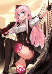  beret black_gloves black_skirt black_thighhighs blue_eyes breasts building buttons cleavage_cutout clothing_cutout commentary_request earrings eyelashes female girls&#039;_frontline gloves gradient_legwear gun hat highres holding holding_gun holding_weapon jewelry leg_up long_eyelashes long_hair open_mouth outdoors over_shoulder panties pink_hair poco_(backboa) rifle short_sleeves side-tie_panties simonov_(girls&#039;_frontline) skirt sks sky solo star_(symbol) star_earrings thighhighs underwear v weapon weapon_over_shoulder 