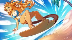  16:9 ailaanne alolan_form alolan_raichu anthro beach bikini breasts clothed clothing female generation_7_pokemon nintendo open_mouth outside pokemon pokemon_(species) regional_form_(pokemon) seaside smile solo standing swimwear widescreen 