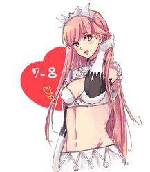  :d bird black_sleeves blush bra breasts brown_eyes cleavage commentary_request crow detached_sleeves fate/grand_order fate_(series) female gloves groin hand_in_own_hair head_tilt long_hair long_sleeves medb_(fate) midriff navel nm222 open_mouth pink_hair simple_background small_breasts smile solo standing stomach underwear very_long_hair white_background white_bra white_gloves 