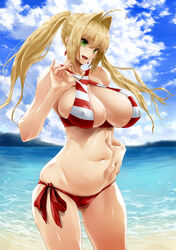  absurdres ahoge beach belly bikini blonde_hair blue_sky blush bonten breasts cleavage cloud commentary cowboy_shot criss-cross_halter earrings fate/grand_order fate_(series) female green_eyes hair_intakes halterneck highres huge_breasts jewelry long_hair looking_at_viewer lowleg navel nero_claudius_(fate) nero_claudius_(swimsuit_caster)_(fate) ocean outdoors side-tie_bikini_bottom skindentation sky smile solo striped_bikini striped_clothes swimsuit twintails 