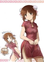  absurdres baozi brown_eyes brown_hair bun_cover china_dress chinese_clothes commentary cowboy_shot double_bun dress ennui_orz female fighting_stance food frown girls_und_panzer hair_bun head_tilt high_collar highres holding holding_plate leg_up light_blush looking_at_viewer multiple_views nishizumi_miho open_mouth plate protected_link red_dress short_hair short_sleeves side_slit standing steam white_background 