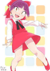  bow cat_girl commentary_request dress female gegege_no_kitarou hairbow looking_at_viewer mizu_kane nekomusume oerba_yun_fang open_mouth pointy_ears purple_hair red_bow red_dress short_hair smile solo yellow_eyes 