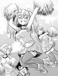  4girls :d ^_^ bags_under_eyes bow breasts cheerleader closed_eyes clothes_lift commentary_request facepaint greyscale hairband hairbow highres hugging_own_legs katou_asuka kuroki_tomoko large_breasts long_hair looking_back midriff monochrome multiple_girls navel nemoto_hina open_mouth pleated_skirt pom_pom_(cheerleading) profile shirt_lift shoes sitting skirt sleeves_rolled_up smile sneakers thighhighs triangle_mouth two_side_up uchi_emiri watashi_ga_motenai_no_wa_dou_kangaetemo_omaera_ga_warui! zatou_(kirsakizato) zettai_ryouiki 