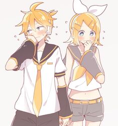  1boy blonde_hair blush commentary_request embarrassed female hair_ornament hair_ribbon holding_hands incest interlocked_fingers kagamine_len kagamine_rin looking_away navel ribbon siblings straight suzumi_(fallxalice) sweat twincest twins vocaloid 