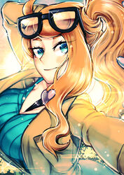  aqua_eyes arm_behind_head bag between_breasts blush breasts cleavage coat commentary_request diffraction_spikes eyewear_on_head female hair_ornament heart heart_hair_ornament long_sleeves looking_at_viewer messenger_bag orange_hair outstretched_arm pokemon pokemon_swsh reaching reaching_towards_viewer selfie shiro_fujiko shoulder_bag side_ponytail smile solo sonia_(pokemon) sparkle upper_body 