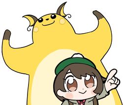  :&gt; arms_up backpack bag bkub blush bob_cut brown_bag brown_eyes brown_hair commentary dot_nose dynamax eyelashes female gloria_(pokemon) green_headwear grey_jacket hat jacket light_blush pointing pokemon pokemon_(creature) pokemon_swsh quality raichu red_shirt shirt short_hair simple_background smile swept_bangs tam_o&#039;_shanter white_background white_fur you_gonna_get_raped 