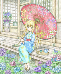  architecture blonde_hair commentary_request cup east_asian_architecture expressionless feline female fennel_(flower_knight_girl) floral_print flower flower_knight_girl fusuma green_eyes highres holding hydrangea japanese_clothes kimono leaf long_hair looking_at_viewer obi oil-paper_umbrella plant potted_plant rain sandals sash sitting sliding_doors solo teacup teapot thick_eyebrows tray twintails umbrella veranda very_long_hair ys_(ytoskyoku-57) yukata 