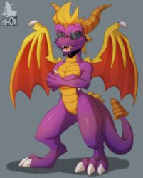  2019 activision anthro claws conditional_dnp dragon european_mythology eyewear horn male mythological_creature mythological_scalie mythology purple_body scalie solo spyro spyro_the_dragon sunglasses tail western_dragon wings xnirox 