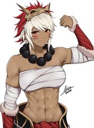  abs absurdres airisubaka artist_name bandages bare_shoulders beads breasts cleavage commentary dark-skinned_female dark_skin eyes_visible_through_hair facepaint female fire_emblem fire_emblem_fates flexing hair_between_eyes highres looking_at_viewer mask mask_on_head medium_breasts midriff muscular muscular_female navel obliques pose prayer_beads red_eyes rinkah_(fire_emblem) sarashi signature smile solo standing stomach symbol-only_commentary upper_body watermark white_background white_hair 