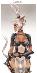  absurdres animal_ears archon_mark blush breasts cat_ears cat_girl cat_tail choker cleavage cleavage_cutout clothing_cutout commentary_request cosplay dark-skinned_female dark_skin facial_mark fake_animal_ears female final_fantasy final_fantasy_xii final_fantasy_xiv fran_(ff12) fran_(ff12)_(cosplay) gradient_background grey_background highres hjz_(artemi) lips looking_to_the_side medium_breasts miqo&#039;te parted_lips pelvic_curtain rabbit_ears revealing_clothes see-through short_hair signature simple_background solo tail tattoo thighhighs vambraces viera white_background white_hair y&#039;shtola_rhul 