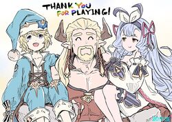  beard blonde_hair blue_hair bow carrying commentary_request detached_sleeves draph drill_hair facial_hair fukuhara_tetsuya granblue_fantasy hairbow hat highres horns ladiva morphe_(granblue_fantasy) nightcap phoebe_(granblue_fantasy) pointy_ears 