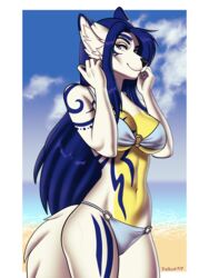  2019 3:4 5_fingers alpha_channel anthro beach bikini blue_hair breasts canid canine canis cleavage clothed clothing digital_media_(artwork) female fingers hair hi_res long_hair looking_at_viewer mammal markings navel outside pinup porin pose seaside shaded smile solo standing swimwear tattoo wide_hips wolf 