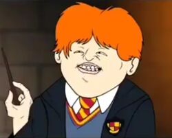  1boy anime_screenshot black_eyes collared_shirt diagonal_stripes dress_shirt emblem fluffy harry_potter_(series) hogwarts_school_uniform jpeg_artifacts lips long_sleeves male_focus necktie nose oneyng orange_hair ron_weasley school_uniform shirt smile solo squinting striped striped_necktie teeth toon_(style) v-neck wand white_shirt wing_collar wizarding_world 