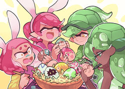  +_+ 4girls alternate_hair_color alternate_headwear animal_ears aori_(splatoon) bangs baseball_cap basket bespectacled blunt_bangs brown_eyes bunny_ears calligraphy_brush closed_eyes closed_mouth commentary constricted_pupils cousins dark_skin domino_mask earrings easter_egg egg english_commentary fake_animal_ears fangs frown glasses green_eyes green_hair green_headwear green_shirt hat hime_(splatoon) holding holding_brush holding_egg holding_pen hotaru_(splatoon) iida_(splatoon) jewelry laughing leaning_forward long_sleeves mask mole mole_under_eye mole_under_mouth multicolored multicolored_skin multiple_girls open_mouth paint_on_face paintbrush painting pen pink_hair pink_shirt shirt sleeveless sleeveless_shirt smile splatoon_(series) splatoon_2 tearing_up tentacle_hair turtle_shell wong_ying_chee 