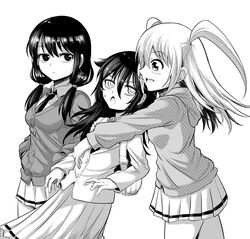  3girls :d bags_under_eyes blush cardigan chestnut_mouth commentary_request cowboy_shot from_side girl_sandwich greyscale hands_in_pockets highres hood hoodie kuroki_tomoko long_skirt low_twintails monochrome multiple_girls necktie nemoto_hina open_mouth pleated_skirt profile sandwiched school_uniform simple_background skirt smile sweatdrop tamura_yuri twintails two_side_up watashi_ga_motenai_no_wa_dou_kangaetemo_omaera_ga_warui! white_background zatou_(kirsakizato) 