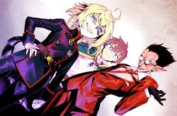  2boys absurdres ahoge belt black_gloves black_hair blonde_hair blue_eyes brown_hair cape closed_mouth commentary_request cowboy_shot crossover demiurge ear_piercing end_card evil_grin evil_smile female formal glasses gloves green_eyes grin hair_slicked_back hand_on_own_hip highres isekai_quartet kono_subarashii_sekai_ni_shukufuku_wo! long_sleeves looking_at_viewer military military_uniform multiple_boys multiple_crossover necktie nervous nervous_smile overlord_(maruyama) pants piercing pointy_ears round_eyewear satou_kazuma shinazo short_hair sidelocks smile suit sweatdrop tail tanya_degurechaff uniform white_gloves youjo_senki 