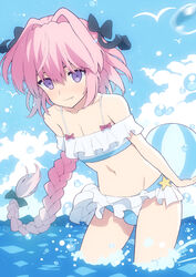  1boy astolfo_(fate) astolfo_(sparkling_frills)_(fate) ball bare_shoulders beachball bikini bikini_skirt black_bow bow braid bulge commentary fate/apocrypha fate/grand_order fate_(series) frills hair_between_eyes hair_intakes hair_ribbon hairbow highres long_hair looking_at_viewer male_focus multicolored_hair navel off-shoulder_bikini off_shoulder official_alternate_costume otoko_no_ko outdoors pink_bow pink_hair purple_eyes ribbon single_braid sky solo standing streaked_hair striped_bikini striped_clothes swimsuit tranquillianusmajor 