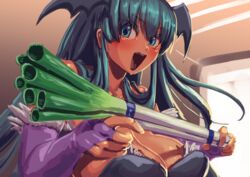  bat_wings breasts bridal_gauntlets cleavage clothing_cutout commentary_request demon_girl female food green_hair head_wings heart_cutout large_breasts long_hair low_wings monster_girl morrigan_aensland purple_wings sashizume_soutarou solo spring_onion vampire_(game) wings 