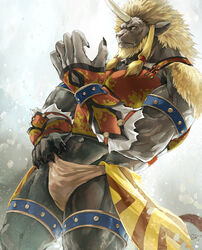  2016 abs anthro armor beard biran black_body black_fur blonde_mane clothing facial_hair felid final_fantasy final_fantasy_x fingernails frown fur hand_on_hip hi_res horn looking_at_viewer male mammal mane muscular muscular_anthro muscular_male nails navel ronso sharp_nails sky_gomi square_enix underwear yellow_eyes 