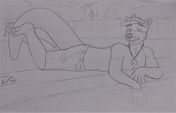  anthro ashwolves5 clothed clothing lounge lying male mammal monochrome mustelid on_front otter outside smile solo swimming_pool topless 